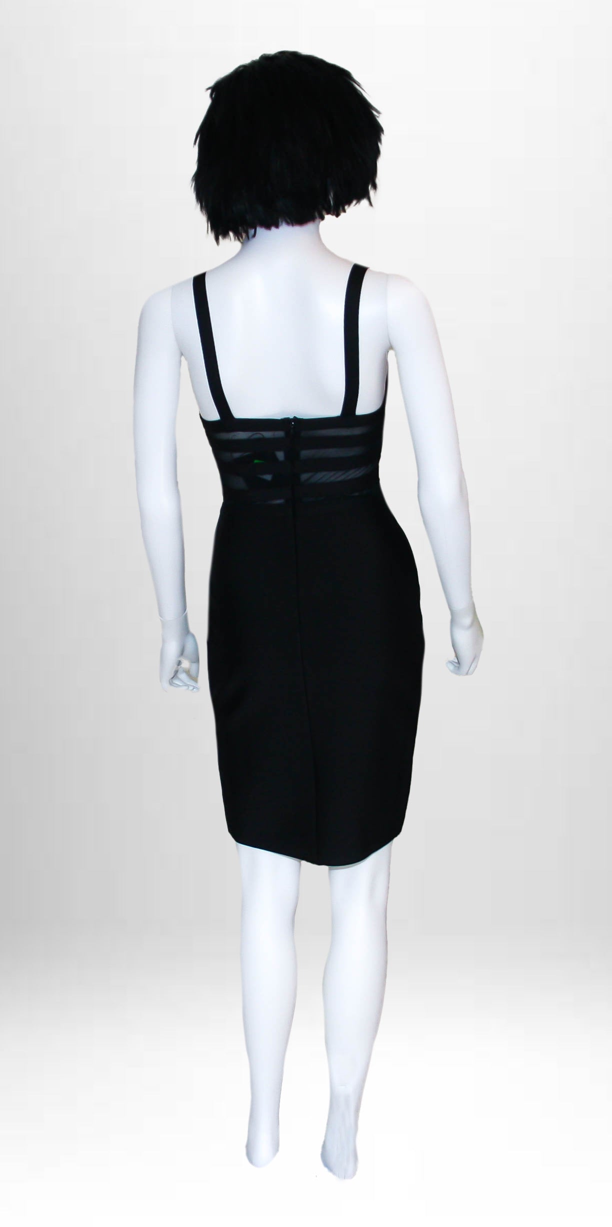 Abito corto sexy aderente nero rigato con trasparenze