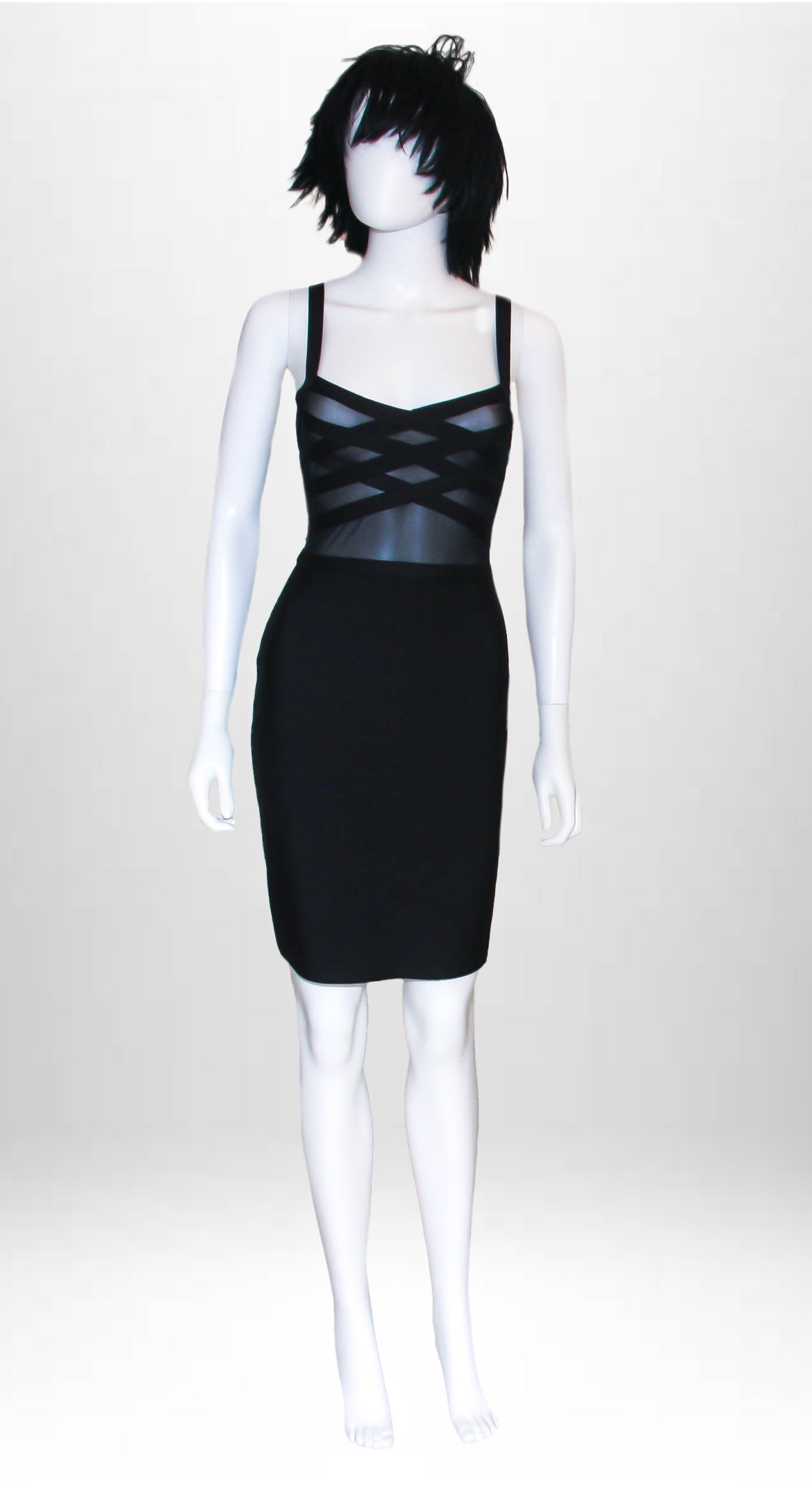 Abito corto sexy aderente nero rigato con trasparenze