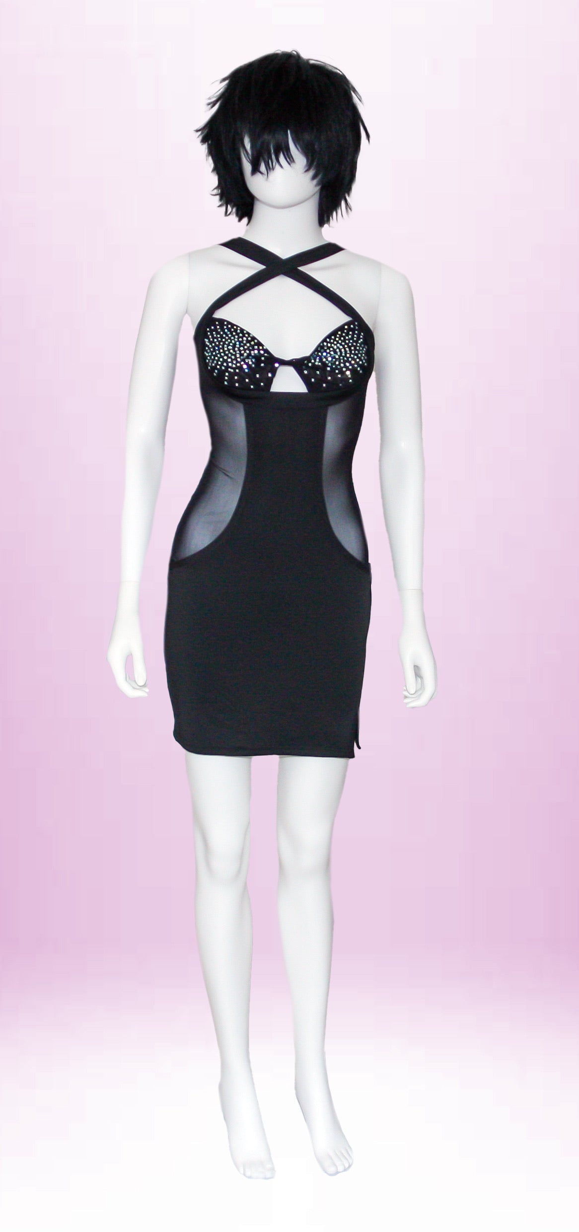 Abito corto sexy aderente nero con trasparenze e pajettes