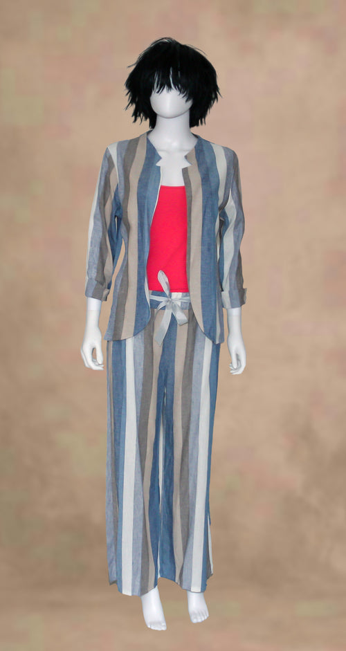 Abito 2 pezzi giacca + pantalone a righe blu, bianco, beige e marrone