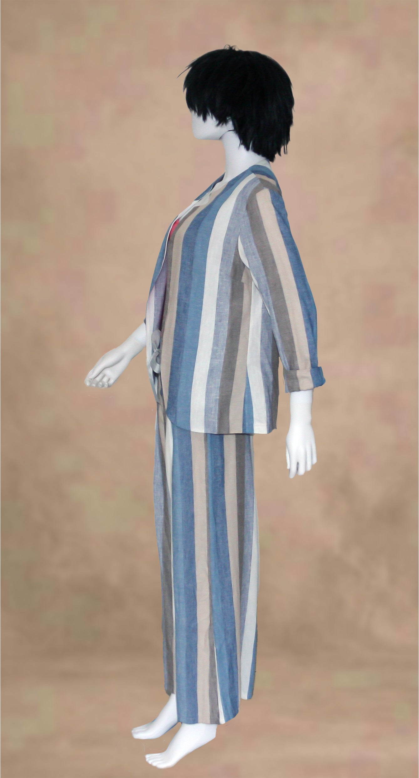 Abito 2 pezzi giacca + pantalone a righe blu, bianco, beige e marrone