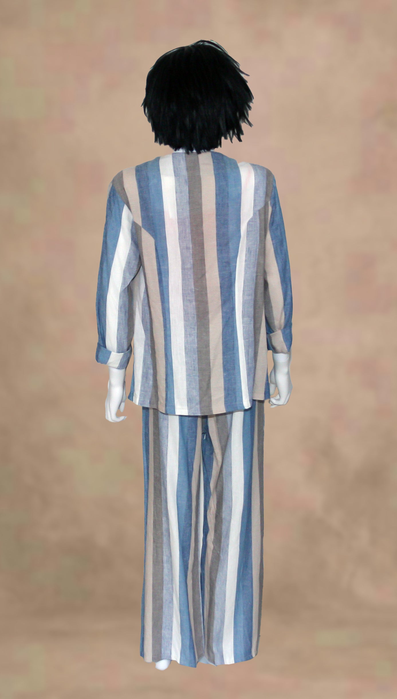 Abito 2 pezzi giacca + pantalone a righe blu, bianco, beige e marrone