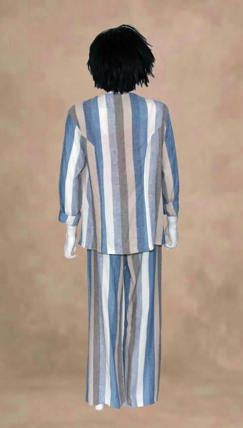 Abito 2 pezzi giacca + pantalone a righe blu, bianco, beige e marrone
