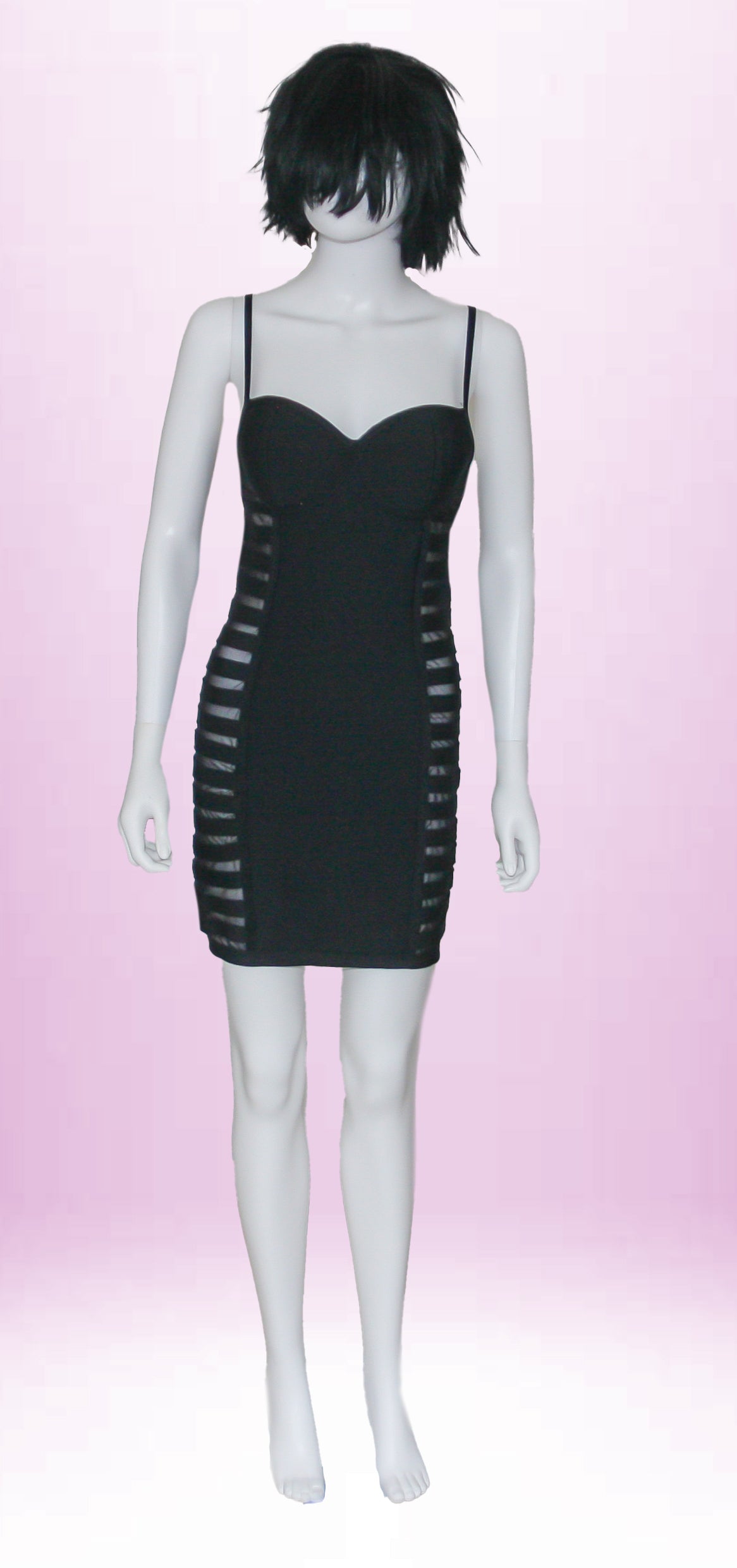 Abito corto sexy aderente nero con trasparenze ai fianchi