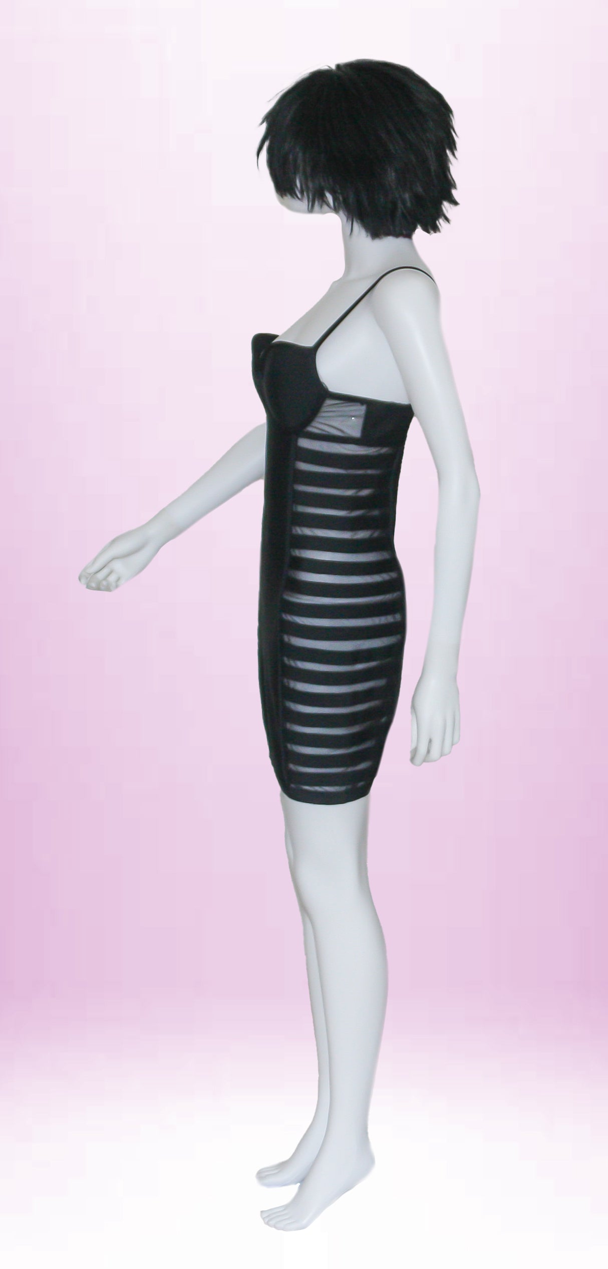 Abito corto sexy aderente nero con trasparenze ai fianchi