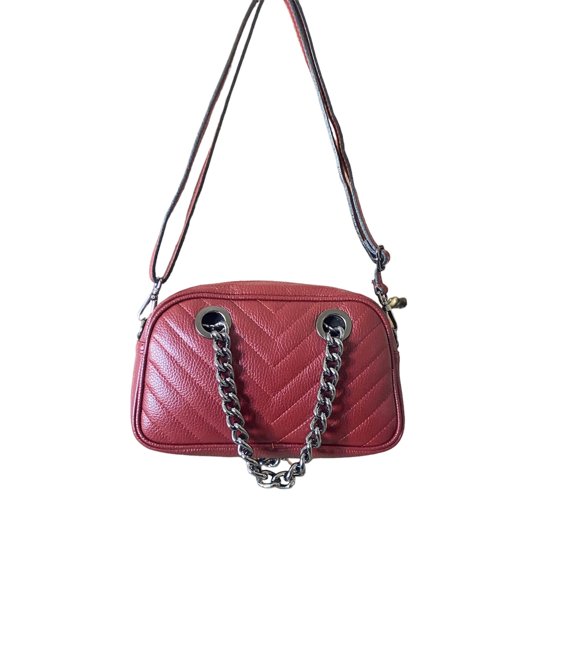 Borsa rosso bordeaux a tracolla e manico